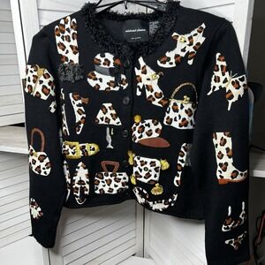 Vtg Michael Simon 1998 Cardigan Black Leopard Glam Embroidery Leather Large EUC!